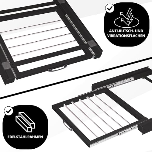 Vonia Zwischenbaurahmen Schwarz für Waschmaschine und Trockner – Stapelkit mit ausziehbarem Handtuchhalter – Metall, 60 x 54 x 7,5 cm – Tragkraft bis 100 kg