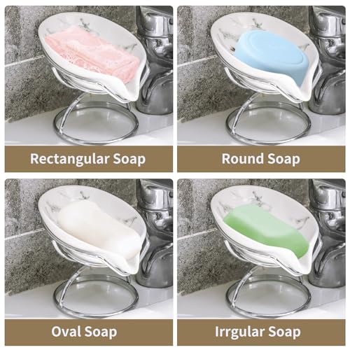 Leaf-Shaped Soap Dish – Premium Ceramic Soap Bar Holder with Self-Drainage System – Bar Soap Holder for Shower, Bathroom Sink, Kitchen – Waterfall Soap Dish with Stainless Steel Stand (SLIVER)