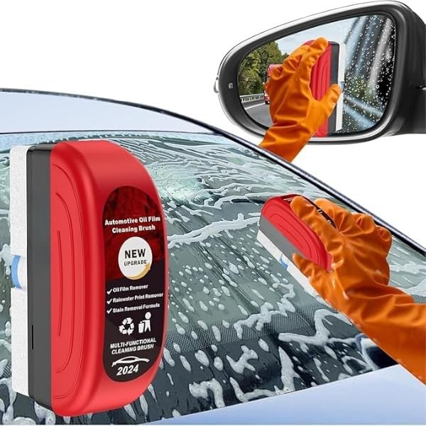 Image of Oil Film Cleaning Brush & Car Glass Cleaner Anti-Fog Spray | Windshield Defogger & Stain Remover for Interior & Exterior | Anti-Mist, Oil Stain Remover for Car Windows, Mirrors & Glass (1, RED)