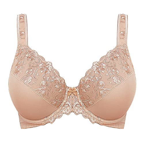 Telimussto Women's Full Coverage Plus Size Floral Lace Underwired Bra Non Padded Comfort Bra 36D Beige #TOP4