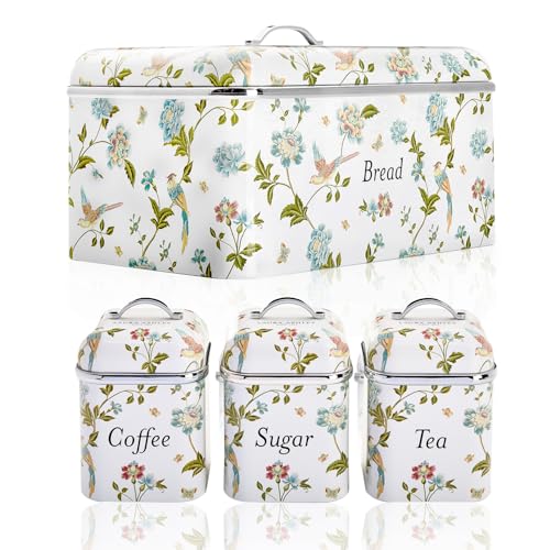 Image of Laura Ashley VQ EEJB454 Bread Bin Removable Lid, Stainless Steel and Set of 3 Canisters With Hand Applied Elveden White Print VQBB66CLAWUK / VQBB25LAEWUK
