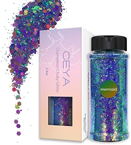Ceya Chameleon Chunky Glitter, 2.8oz/ 80g Mermaid Color Shift Craft Glitter Powder Color Changing Iridescent Flake Sequin for Epoxy Resin, Nail, Tumbler, Slime, Phone Case, Party Decor, Jewelry Making