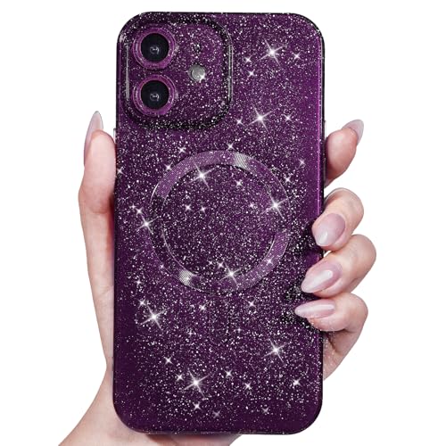 Svanove Glitter Case for iPhone 12 Mini Phone Case Magnetic Compatible with Magsafe, Sparkle Bling Shiny Sparkly Cute Girly Design, Bright Trendy Aesthetic Hard Mag Cover for Women, Dark Purple