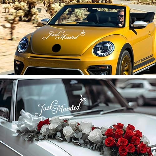 Image of TOMALL Just Married Wedding Vinyl Decal for Car Window Hood Trunk Body Side Wall Waterproof Self-Adhesive DIY Decoration Sticker Happiness for Honeymoon Wedding (White)