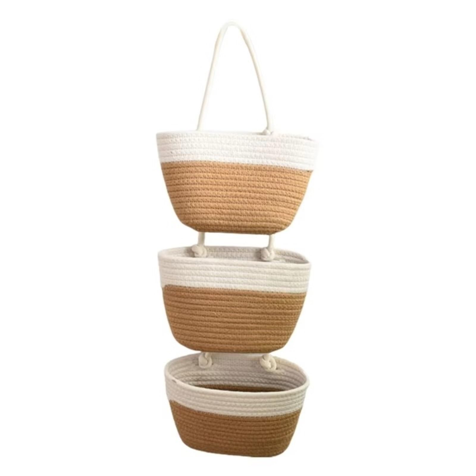Cesta de almacenamiento for colgar en la pared 3 capas, bolsa multiusos for puerta sin perforaciones, bolsas colgantes tejidas a mano Para Hogar(Khaki)