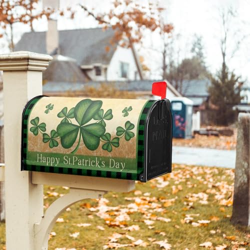 Image of Shamrocks St. Patrick's Day Mailbox Cover - Magnetic, Standard Size 18 X 21 Inch Green Lucky Clover Wrap for Garden /Yard Decor