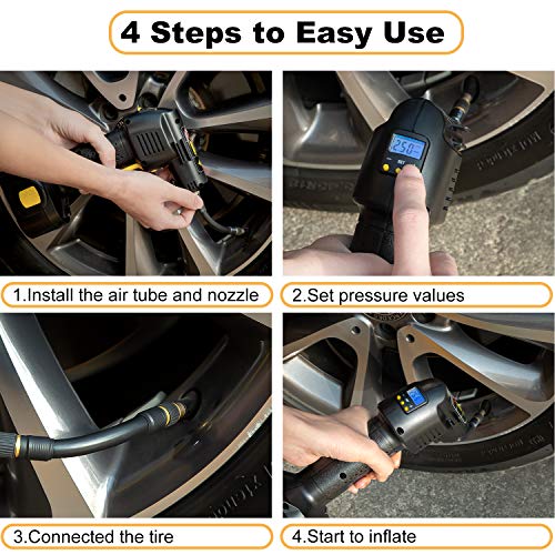 Craftersmark Tire Inflator Air Compressor - 12V Auto Car Tire Pump with Digital Pressure Gauge, 2200mAh Rechargeable Battery, 150PSI with Emergency Light for Cars, Bikes
