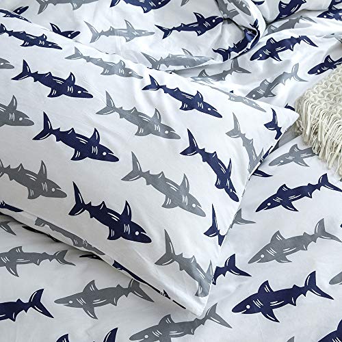 BuLuTu Blue Grey Shark Twin Kids Boys Bedding Duvet Cover Set Cotton White,Reversible Shark Bedding Sets For Teens with Zipper Closure,1 Duvet Cover and 2 Pillowcases (no Comforter)