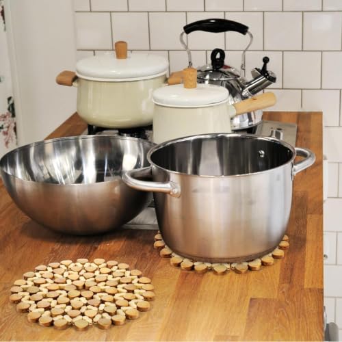 Image of Wooden Trivet for Dining Table - Bamboo Heat Resistant Pad with Anti-Slip Grip Mats, Round Hot Pot Holder and Pan Stand for Kitchen Countertop Protection (Flower Design 6 pcs, Pack of 6)