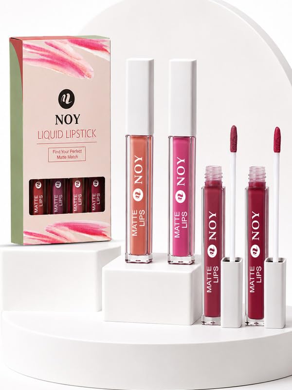 Image of Noy Lipstick For Dusky Skin Tone Long Lasting Velvety Matte Color That Stays Vibrant - Creamy Nude, Nude Pink, Mauve Nude, Red Wine Shades Pack of 4