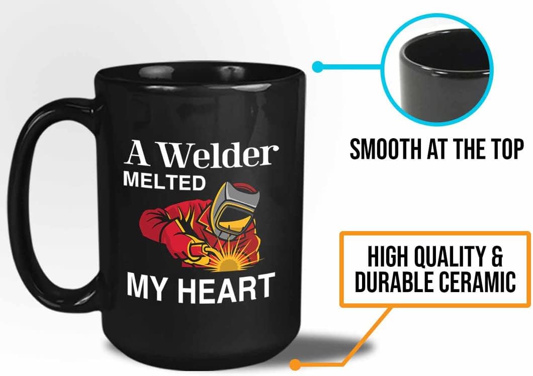 Bubble Hugs Welder Coffee Mug 15oz Black - Melted My Heart - Welding Metal Worker Mechanic Engineer Gifts for Men Husband Dad
