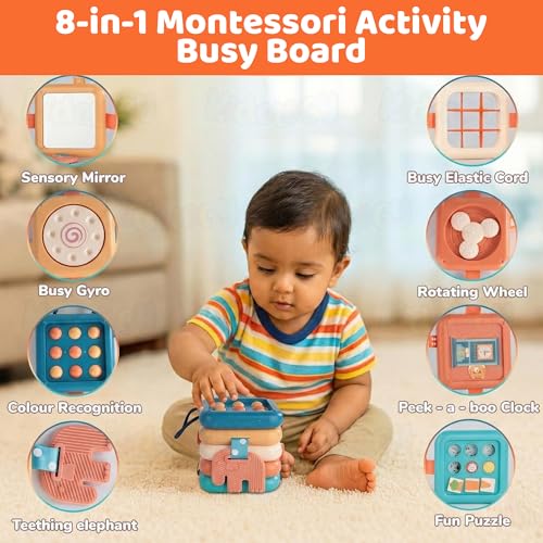 Image of Kidology Montessori Busy Board for Toddlers | 8 in 1 Sensory Activity Busy Cube Travel Toy for 1-3 Year Old Boys & Girls | Fine Motor Skills Learning Toy | Screen Free Educational Gift for Kids