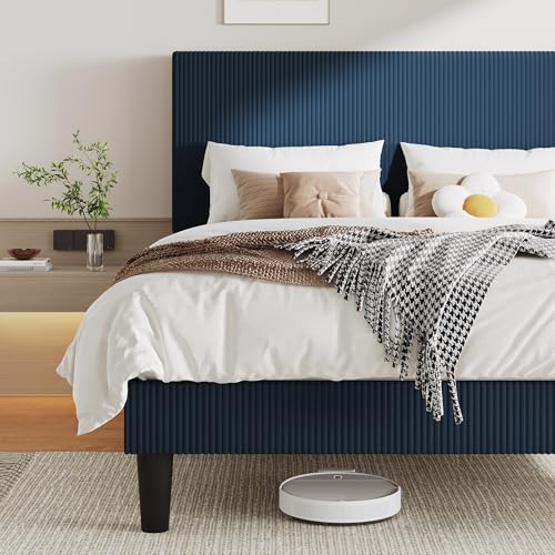 Image of Allewie Queen Bed Frame, Corduroy Tufted Headboard, Dark Blue