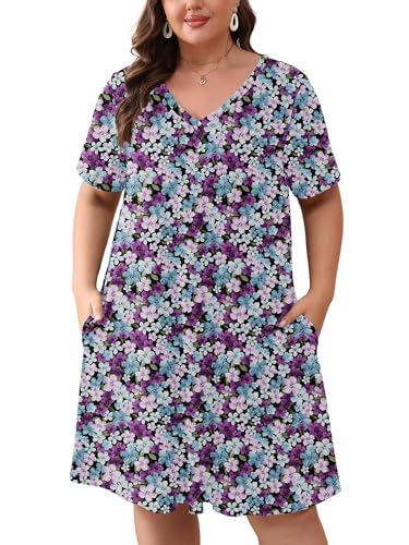 Image of AusLook Plus Size Midi Dress for Women Loose V Neck Short Sleeve Summer Casual A Line T Shirt Sundresses with Pockets 1X-5X