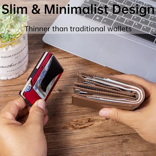 Image of Minimalist Wallet for Men, Slim Metal RFID Blocking Wallet Credit Card Holder Money Clip & Cash Strap, Scratch-Resistant Holds 15 Cards,Ideal Gift for Men | Matt Red