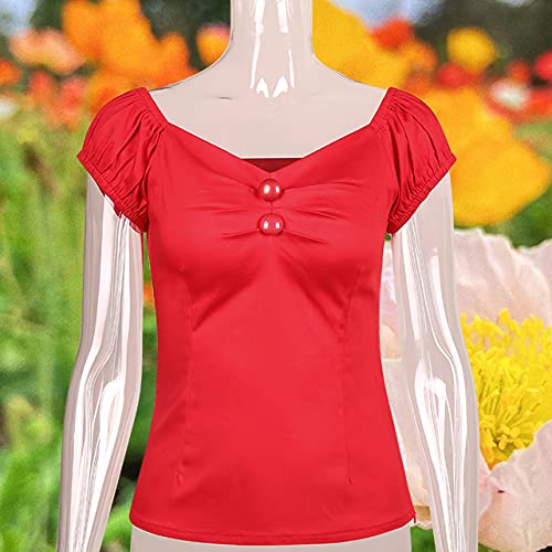 Image of YARN & INK Women's Rockabilly Tops 1950s Pinup Shirt Casual Off Shoulder Vintage Blouse