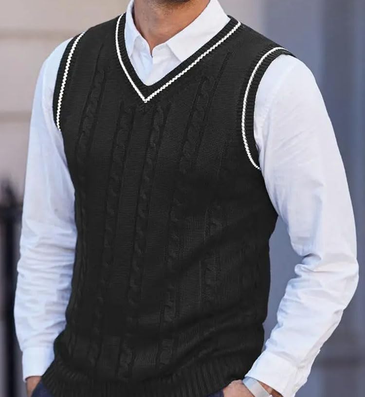 Mens Sweater Vest Color Blocking Design Slim Fit Knit Vest V Neck Preppy Style Sleeveless Pullover4