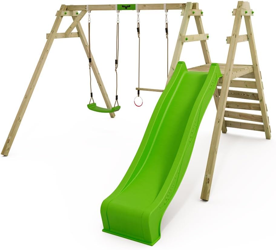 Fatmoose JollyJack Star XXL Wooden Swing Set with Platform, Slide, 2 Swing Seats, Square Section, Swing Beam, Green