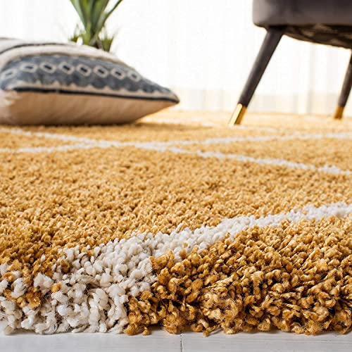 Image of Handmade Shaggy Fur Rectangular Rugs And Carpet For Bedroom, Living Room (5X7 Feet, Gold & Ivory)