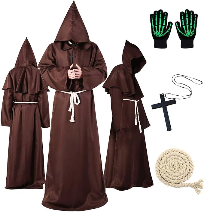Ywwltt Mönch Kostüm Herren mit Kapuze und Kreuz Mittelalter Mönch Kostüm Männer Priester Gewand Karneval Herren für Karneval Fasching Halloween Cosplay & Mottoparty