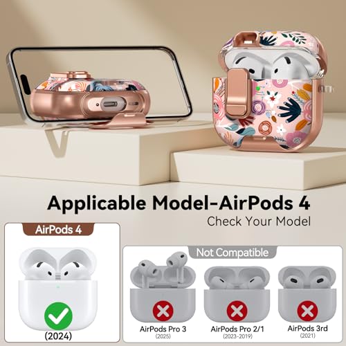 Image of for AirPods 4 Case, with Safty Lock & Phone Stand for Floral AirPods 4th Generation Case Cover for Women Girly, iPod 4 Case with Keychain & Cleaner Kit - Pink Berry Flower