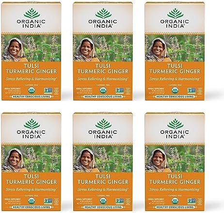 ORGANIC INDIA Tulsi Turmeric Ginger Herbal Tea, 18 Infusion Bags, 6 Pack