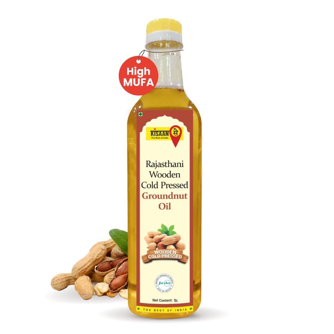 KisaanSay Cold Pressed Groundnut Oil, Pure and Unrefined, 5L Kolhu/Kacchi Ghani/Mara Chekku/Ganuga,Naturally Cholesterol Free, Natural Cooking Oil, Chemical Free (5)