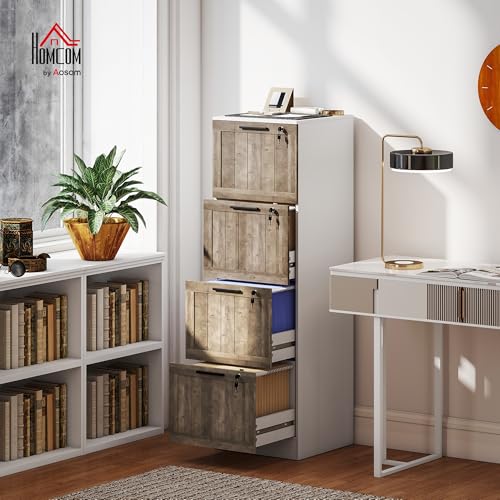 Miniatura 2 de Homcom Cajonera De Oficina Con 4 Cajones Cajonera De Escritorio Con Cerradura 2 Llaves Barras Colgantes Para A4 Carta Archivador Móvil Para Estudio 39,4x40x129 Cm Blanco Y Madera