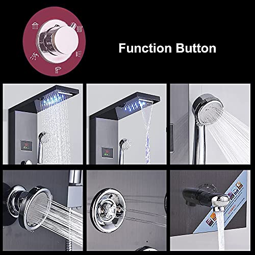 Fuz Contemporary Shower Panel Tower System Stainless Steel 6-Function Faucet Led Rainfall Waterfall Shower Head + Handheld Sprayer + Rain Massage Body Jets + Tub Spout, Black. #TOP4