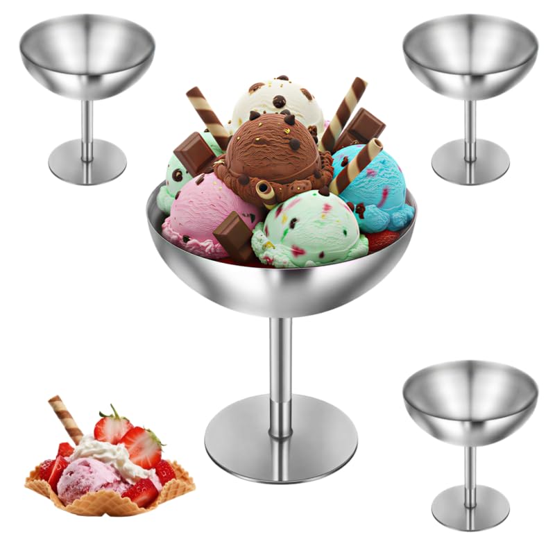 Lot de 4 Coupes à Glace en Acier Inoxydable, Bol à Dessert Isotherme Double Paroi, Verrines à Dessert Réutilisables pour Glaces, Salade de Fruits (Argent mat, grand format-160 ml)
