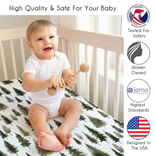 Image of Sweet Jojo Designs 4-Piece Baby Crib Bedding Set (Sage Green Woodland) for Boys /Girls, Infants /Nursery incl. Blanket, Fitted Sheet, Skirt, Diaper Stacker (Forest Themed, Nature, Pine Tree, Abstract)