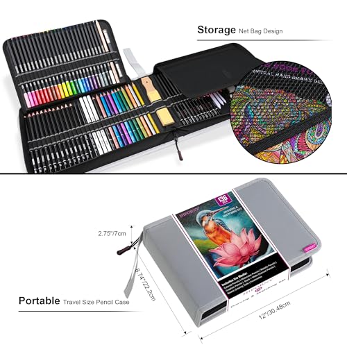HIFORNY 136 PCS Drawing & Sketching Set,Pro Art Supplies with Graphite,Charcoal,Colored,Watercolor,Metallic Pencils,Blending Tools,Sketchbook,Watercolor Book and Coloring Book in Zipper Case (Grey)