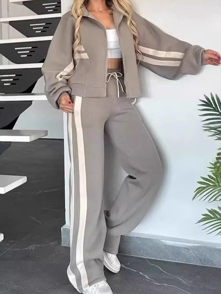 Ensemble 2 pièces sport pour femme, sweat rayé à capuche et pantalon large décontracté
