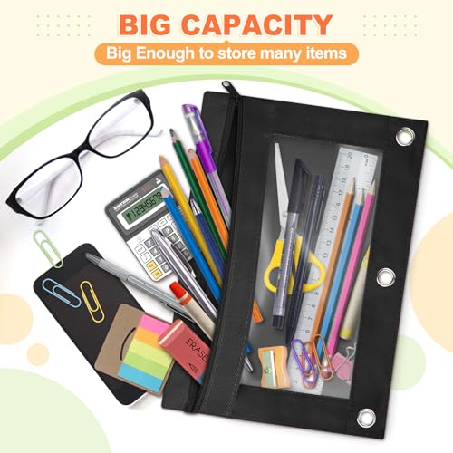 Image of Shemira Pencil Pouch for 3 Ring Binder, Binder Pencil Pouch with Smooth Zipper, Clear Window Pencil Case for Binder, Zipper Pencil Pouches, Big Capacity 3 Ring Binder Pencil Bag, Black