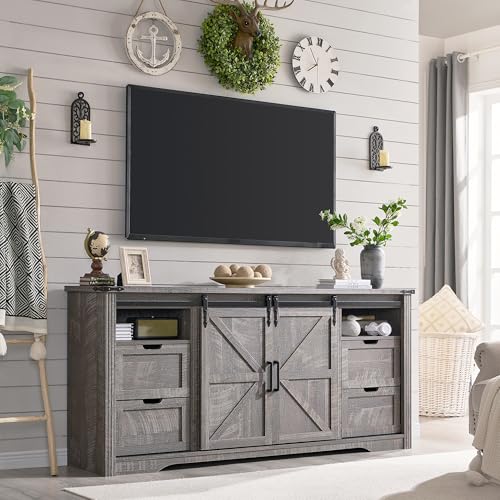 Image of Farmhouse 66 inchWood TV Stand for 75+ Inch TV, w /4 Drawers & Sliding Barn Door | 32 inch Tall Entertainment Center, Rustic Media Console w /Storage Shelves, 66 inch Wood Television Stand for Living Room, Grey Wash