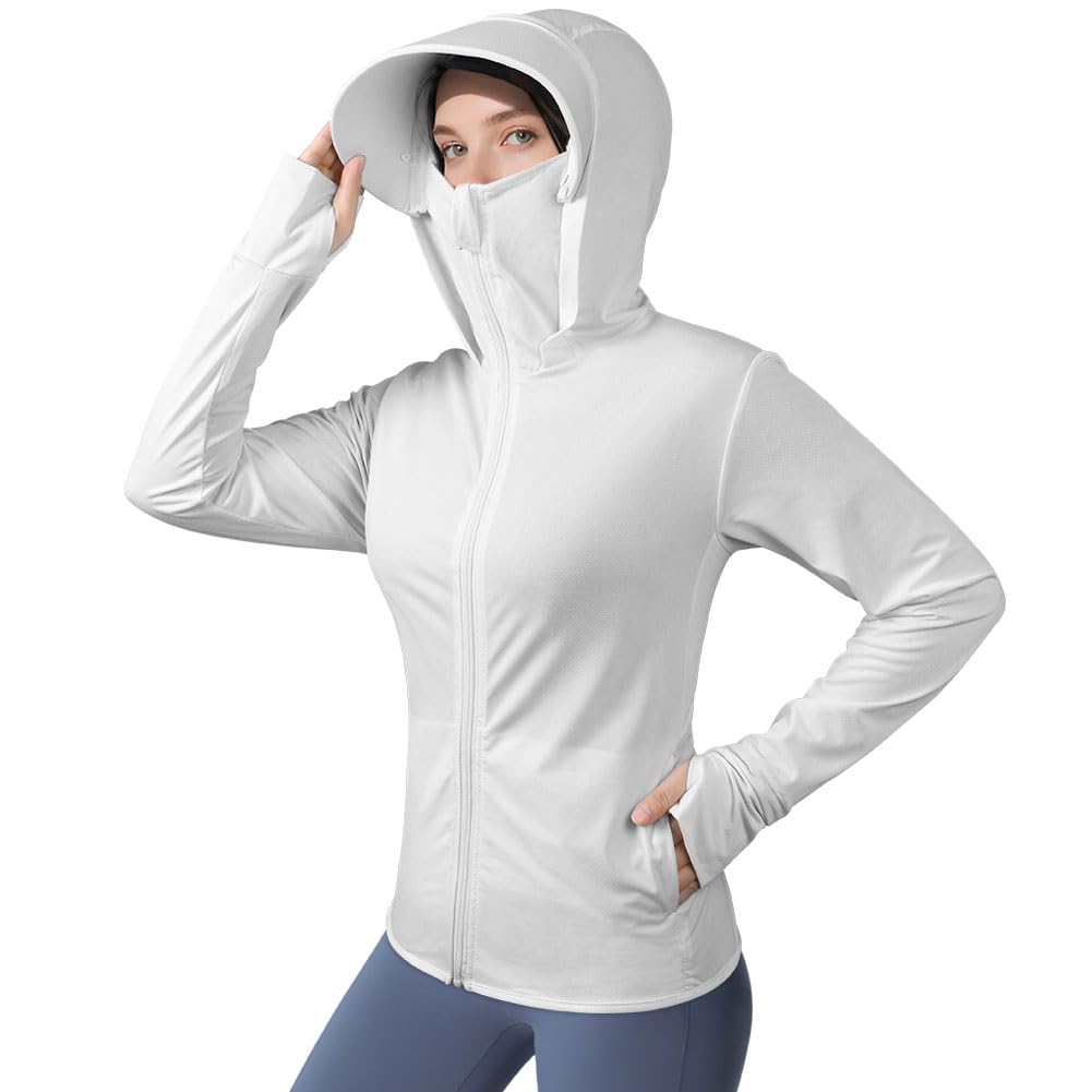 AUYAO UPF50+ Veste à Capuche Femme, Vestes de Sport Protection Solaire Respirant avec Poches, Sweat a Capuche Manches Longues, Chemise Anti UV Ete Femme Homme pour Running, Jogging, Baignade(M-L) - 1