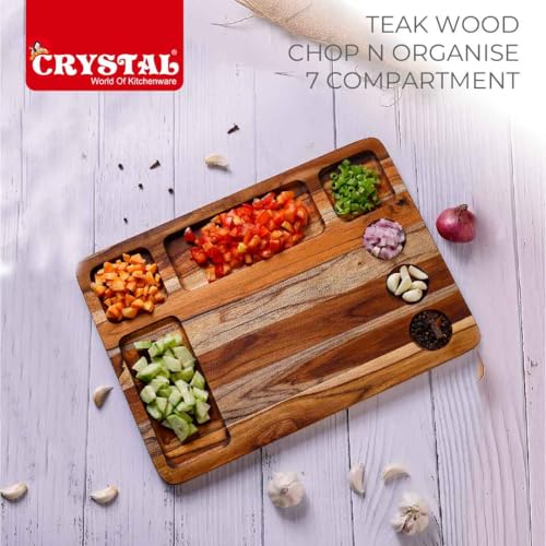 Image of Crystal Teak Wood Chopping Board with 7 Compartments | Chop & Organise | Perfect for Vegetables, Fruits & Bread | Extra Large (35 * 28 * 1.8 Cm) | Handcrafted & Eco-Friendly Reversible Cutting Board