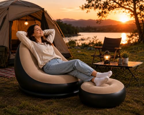 Image of Inflatable Air Sofa Chair with Ottoman & Automatic Electric Pump, Portable Flocked Blow Up Lounge Chair for Living Room, Bedroom, Camping & Outdoor Use (Coffee)