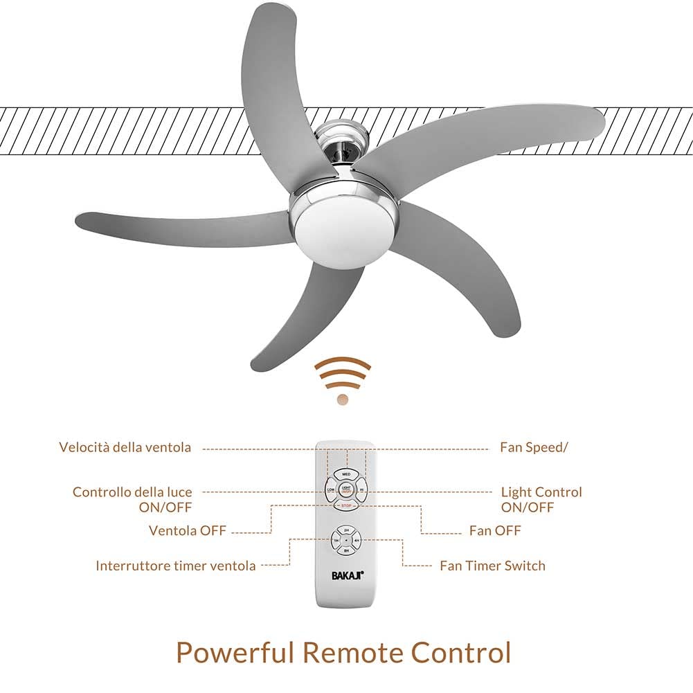 BAKAJI Ventilatore Lampadario da Soffitto 5 Pale in Legno con Lampada in Vetro Satinato 3 Velocità Inversione Rotazione Funzione Timer e Telecomando Attacco 2 Lampadine E27 Max 40W Diametro 132cm