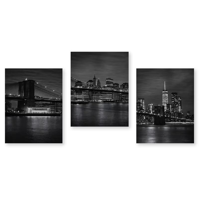 Póster de paisaje nocturno de ciudad en blanco y negro con puente, lámina decorativa para pared, decoración del hogar para dormitorio y sala de estar (80x120cm/31x47in) x3 Sin marco