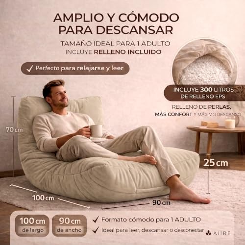 Miniatura 12 de Aiire Puff Salón Xxl De Diseño - Sillón Puf Con Relleno Incluido Para Adulto - Bean Bag Chair Premium Para Dormitorio - Funda Desenfundable Y Lavable Beige