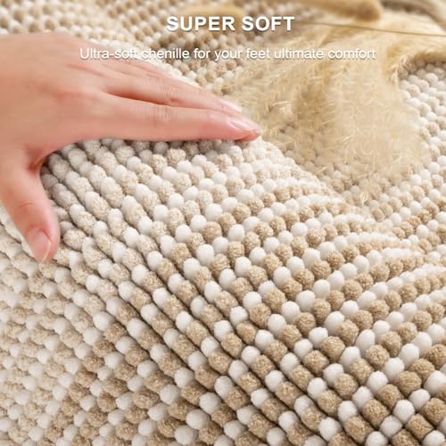BSICPRO Bathroom Rugs and Mats Sets, 2 Piece Thick Absorbent Chenille Bath Mat Rug Set Non Slip, Soft Shaggy Bath Floor Mats for Bathroom, Machine Washable (20" x 47" Plus 16" x 24", Beige)