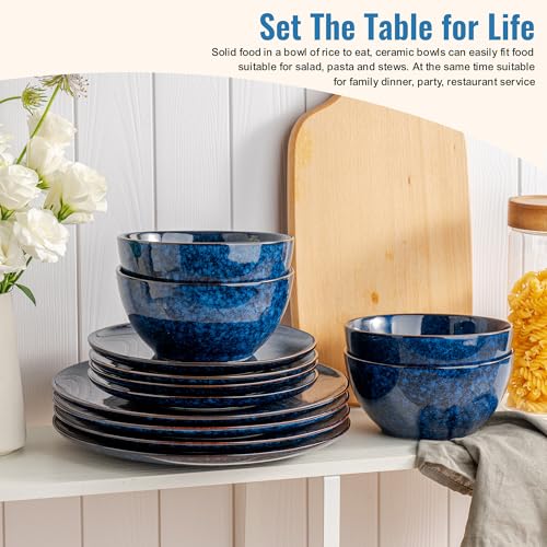 Dafuceramic Plates and Bowls Sets, 12 Pieces Dark Blue Dinnerware Sets for Kitchen, Reactive Glaze Dishes Set for 4, Dishwasher and Microwave Safe, Series Starflecked Shore(Dark Blue) by Dafuceramic - Image 6