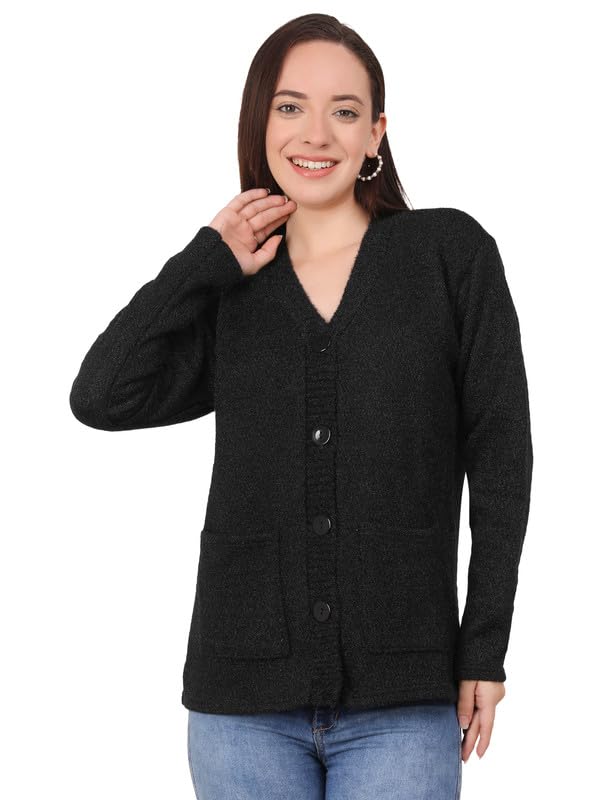 Image of MANRA Women's Woolen V-Neck Buttoned Full Sleeve Cardigan Self Design Soft Wool Fabric Winter Wear Pure Wool Sweater Fully Warm, Front Pockets Cardigan