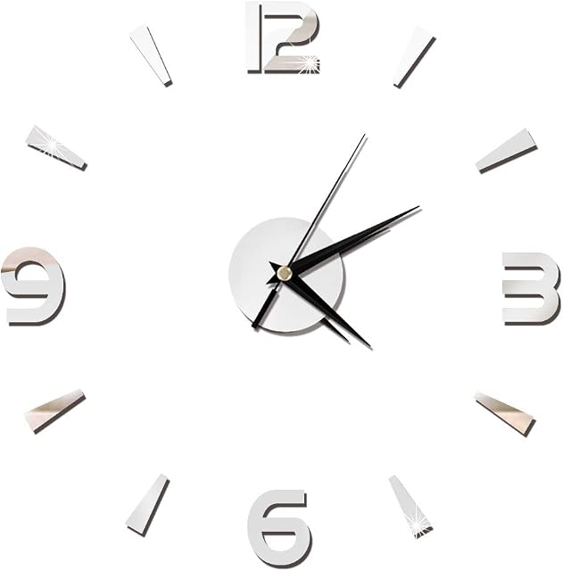Frameless Wall Clock Sticker 3D Self-adhesive Big Acrylic Mirror Watch Decor DIY Wall Modern Home Office Room Decor(Silver)