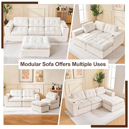 Image of Modular Sectional Sofa, 105 inch L Shaped Comfy Cloud Couch with Deep Seat, Boneless Couch for Living Room, Corduroy Modular Sofa with Chaise and Cup Holders, No Assembly Required, Beige