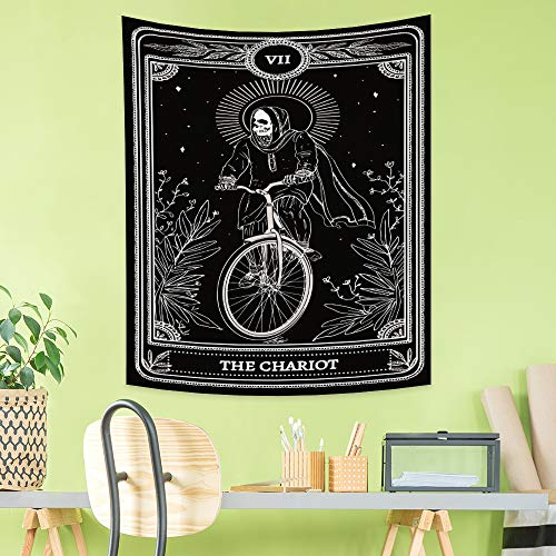 Haoyiyi 70.9X92.5 Inches The Chariot Tapestry Tarot Card Riding Skeleton Black And White Wall Hanging Moon Glitter Stars Divination Gothic Wall Tapestry Astrology Trippy For Bedroom Aesthetic Decor #TOP2