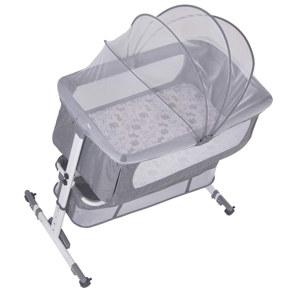 3 in 1 culla neonato Rete per Lettino Pieghevole Pieghevole, Lettino Co-Sleeping, Regolabile, Facile da Montare, Circolazione d'aria, Ruote Oscillanti, Materasso-92*58*70-90 cm-bianco sporco