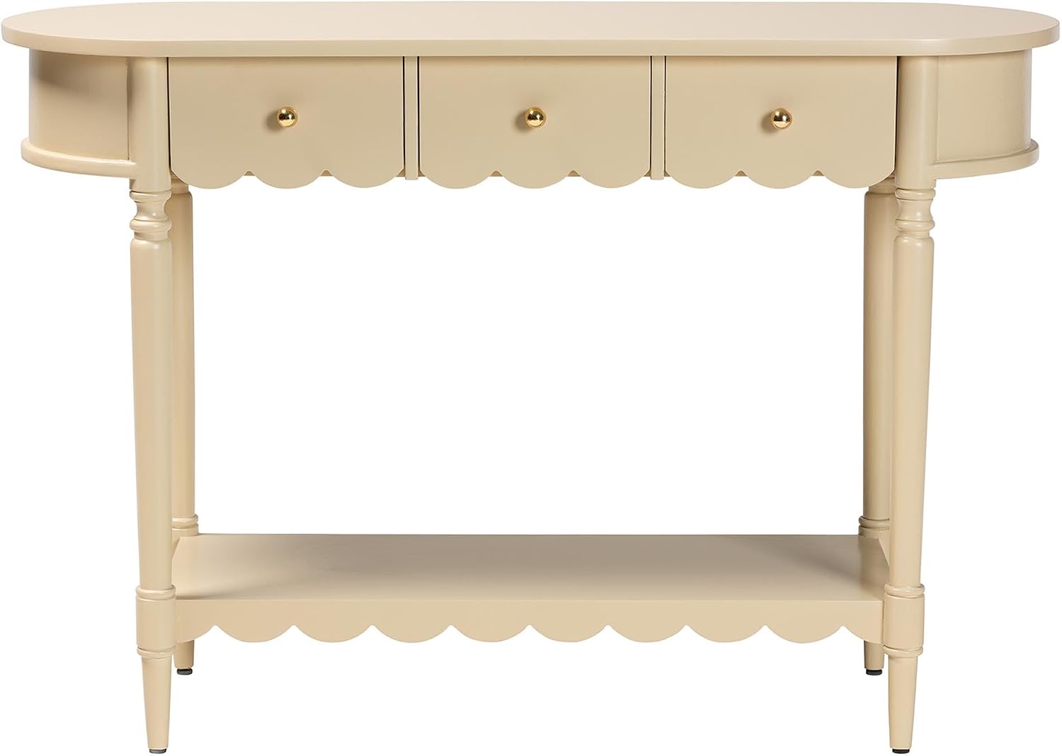 Bali & pari Liba Console Table - 3-Drawer Accent Table with Scalloped Detailing and Open Shelf Storage for Hallway, Entryway, or Living Room