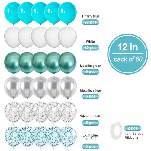Image of Teal White Balloon Set, 60PCS Blue Silver Birthday Balloons, 12 Inch Teal Green Latex Balloon Turquoise Metallic Silver Confetti Balloons for Birthday Party Baby Shower Wedding Decorations